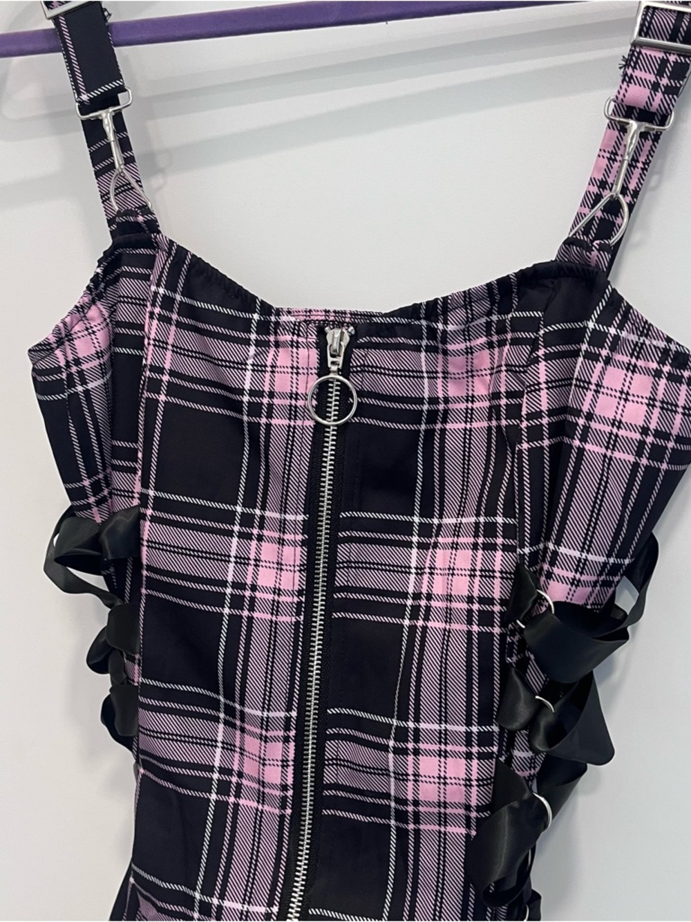 Pink & Black Plaid Zip-Front Mini Dress Grunge Goth Sleeveless Lace Tie Medium - Picture 2 of 6